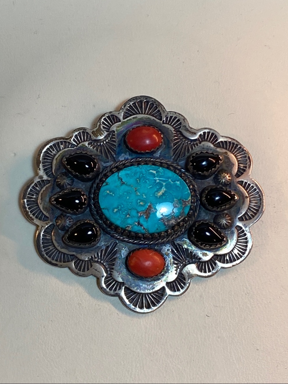 JR USA Silversmiths Sterling Natural Turquoise Coral & Onyx Brooch